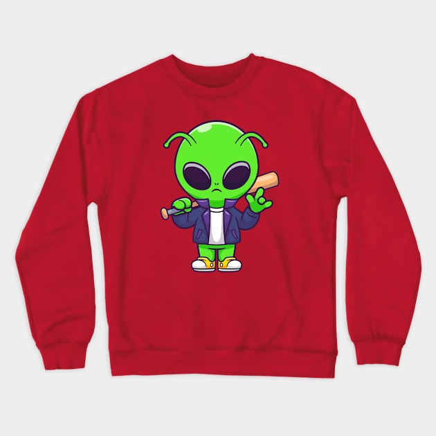 Cute Cool Alien With Baseball Bat Cartoon Crewneck Sweatshirt by Catalyst Labs